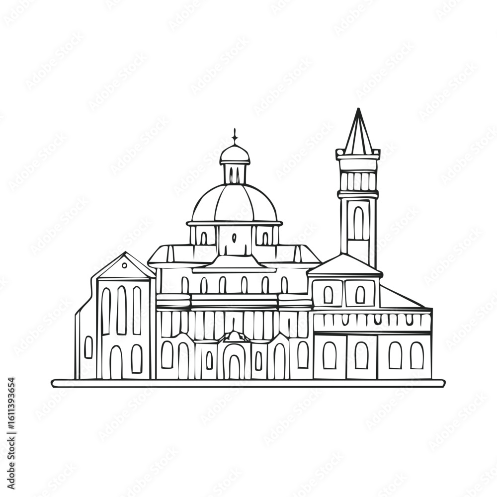 Ornate Neoclassical Building Facade With Central Dome and Tall Spire Detailed Drawing
