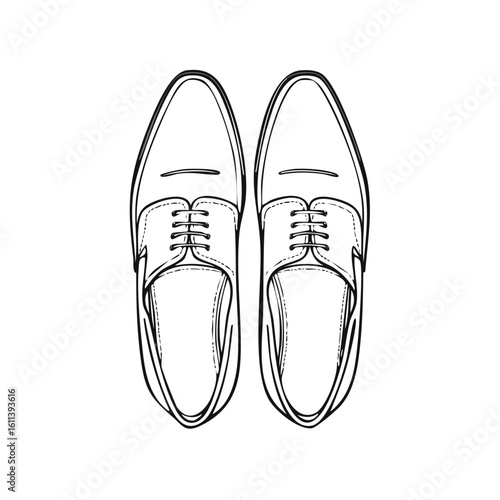 Classic black leather oxford shoes for men shown from above as a stylish sketch