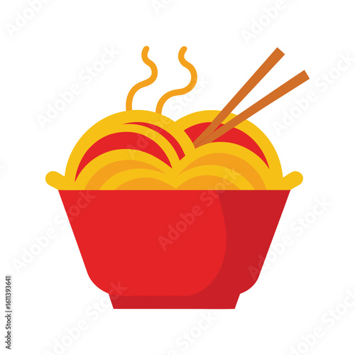 Red bowl of noodles with chopsticks and steam chow mein