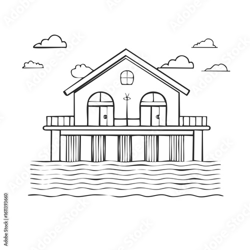Doodle style drawing of a stilted house on water with clouds and a fence
