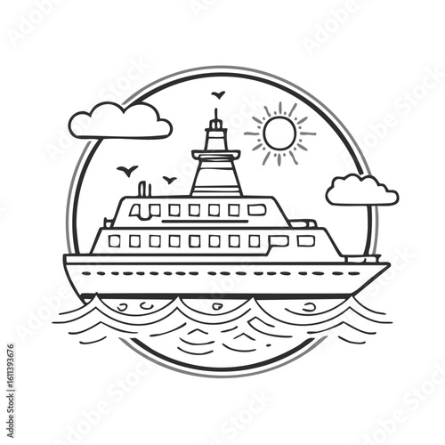 Ocean Cruise Ship with Sun and Clouds in a Circular Frame, Line Art