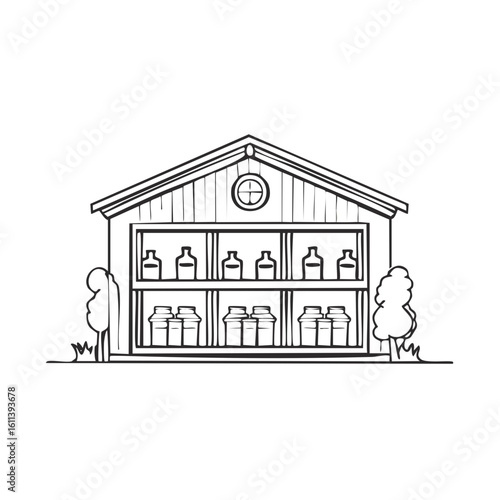 Illustration of a Rural Milk Storage Shed with Shelves and Various Milk Containers, Simple Drawing