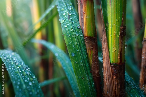Close-Up of Lush Green Sugar Cane Stalks with Water Droplets