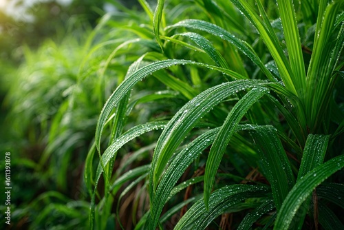 Lush Green Sugar Cane Stalks with Dew Drops in Vibrant Field