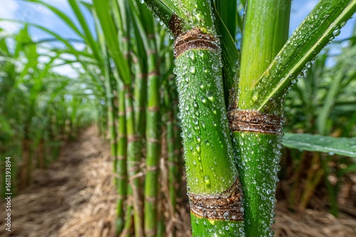 Lush Green Sugar Cane Stalks with Dew in Close-Up View