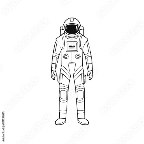 Black and white outline illustration of an astronaut in a full space suit ready for cosmic journey
