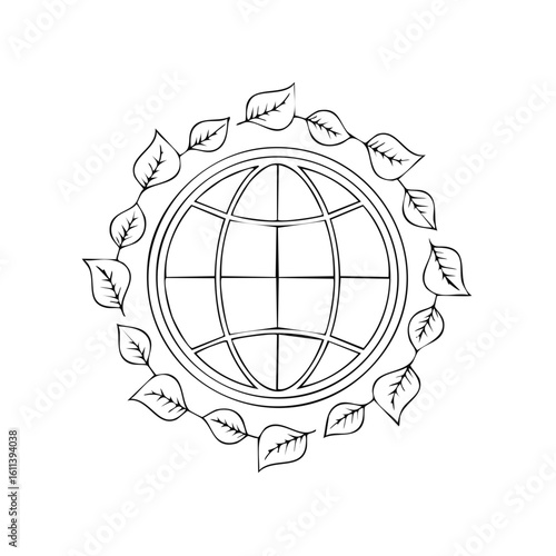 Linear Earth Globe surrounded by leaf wreath. Nature and environment preservation symbol.