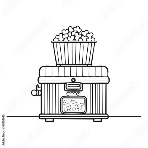 Popcorn machine with a basket of popped corn illustration.