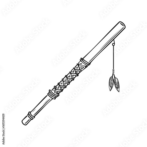 Native American Peace Pipe Sketch with Tribal Wrap and Feathers