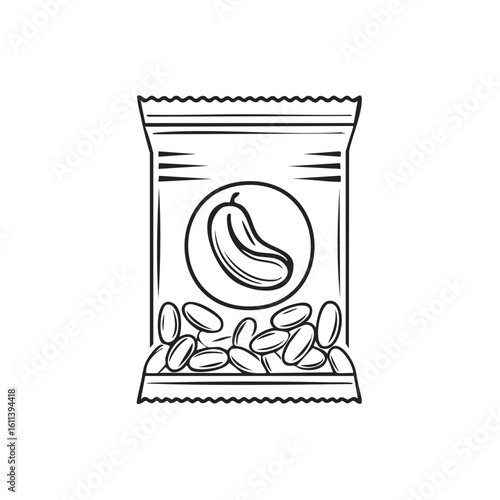 Line art illustration of a snack bag with pickle flavor logo and seeds