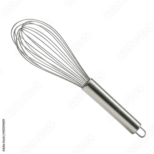 Pristine stainless steel balloon whisk, featuring perfectly curved, reflective wires and an ergonomic handle, impeccably clean, on a seamless transparent studio backdrop with bright, soft, shadowless