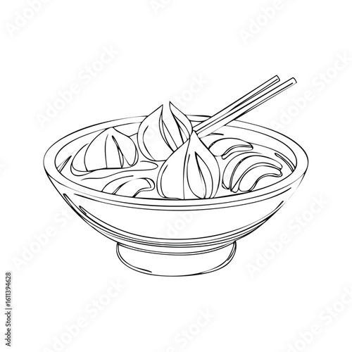 Line art illustration of a traditional hot bowl of Asian dumpling noodle soup with chopsticks
