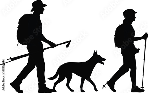 Hiking couple with dog silhouette – man and woman trekkers walking with backpacks and poles – outdoor adventure with pet