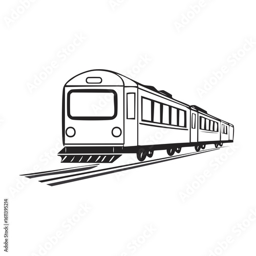 Modern Electric Train on Railway Illustration, Traveling on Rails, Transportation Theme Drawing, Detailed Black and White Graphics