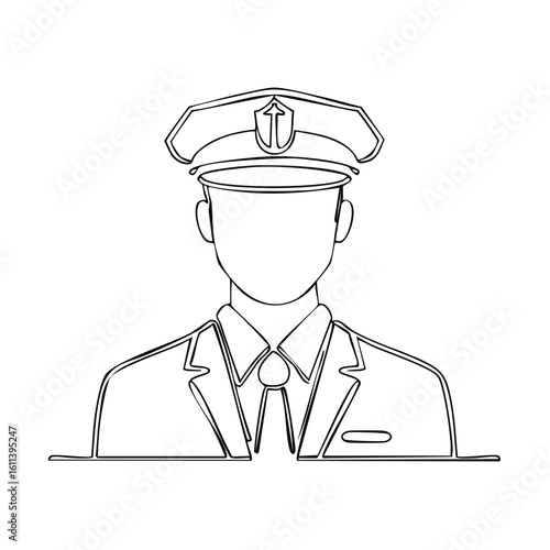 Outlined illustration of a man in professional attire and peaked cap, an officer symbol drawn in a single continuous black line