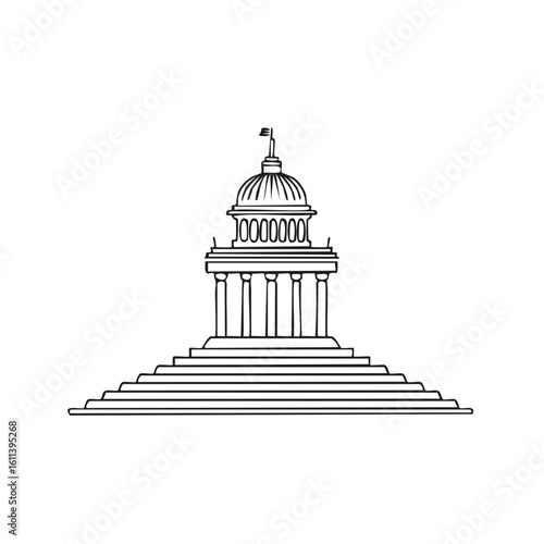 Government Building Facade Illustration with Dome and Stairs Line Art on White