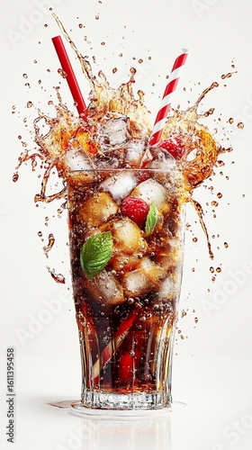 Refreshing cola drink with ice, raspberries, and basil, dramatically splashed in a tall glass with a striped straw