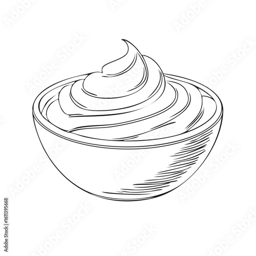 Swirled creamy sauce or dessert topping in a bowl hand drawn sketch illustration
