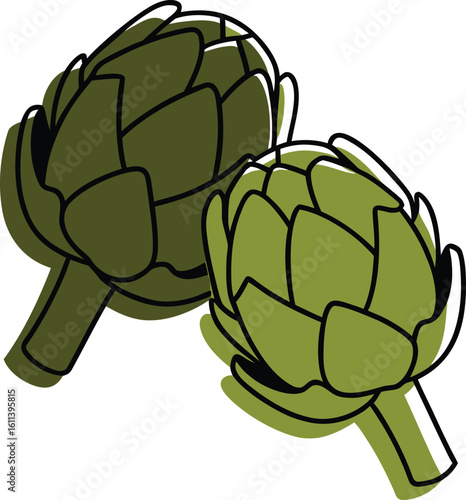 Two green artichokes with black outlines vegetable