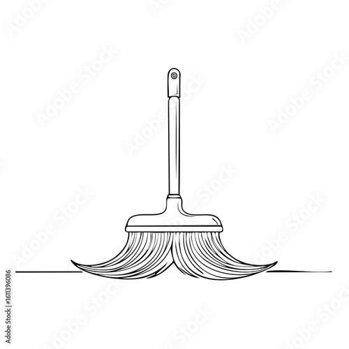 Whimsical Broom with Moustache Shape Bristles Line Art Cleaning Equipment