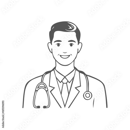 Smiling male doctor wearing a lab coat and stethoscope, outline illustration