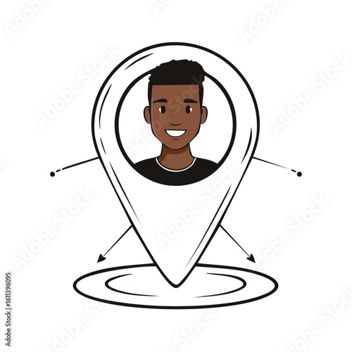 Smiling man inside location pin icon, location technology, navigation