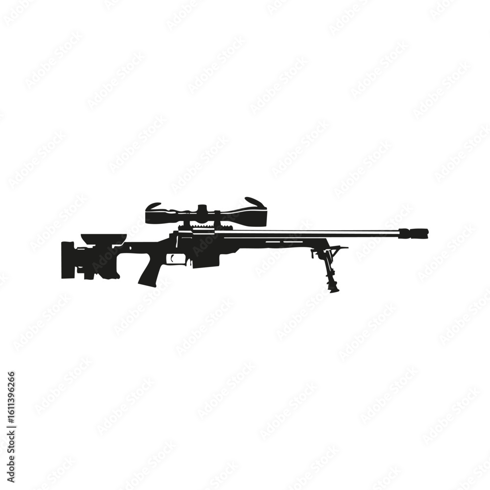 Naklejka premium Sniper Rifle Silhouette With Scope And Bipod. Precision Shooting Equipment Isolated Vector Illustration