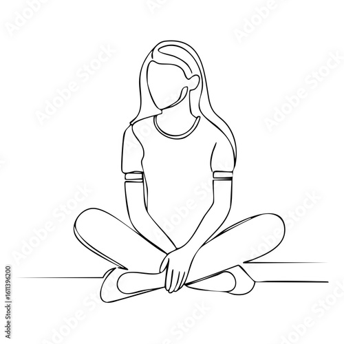 Line art drawing of seated woman in lotus position meditating in casual clothing on a plain surface