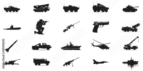 Military Equipment Silhouette Set. Defense And Warfare Symbol Collection. Security And Tactical Use. Isolated Vector Illustration