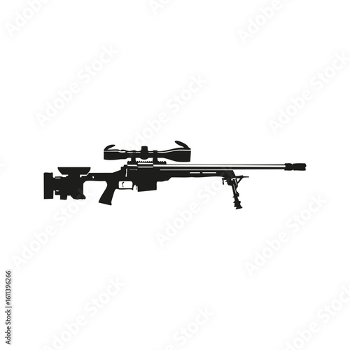 Sniper Rifle Silhouette With Scope And Bipod. Precision Shooting Equipment Isolated Vector Illustration