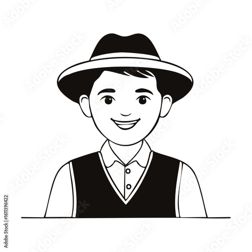Cartoon Man with Hat and Vest Illustration, Smiling Male Portrait in Black and White Outline, Line Art Drawing