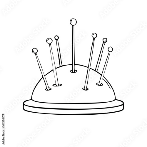 Sewing pins with round heads stuck in a pincushion in black and white line art