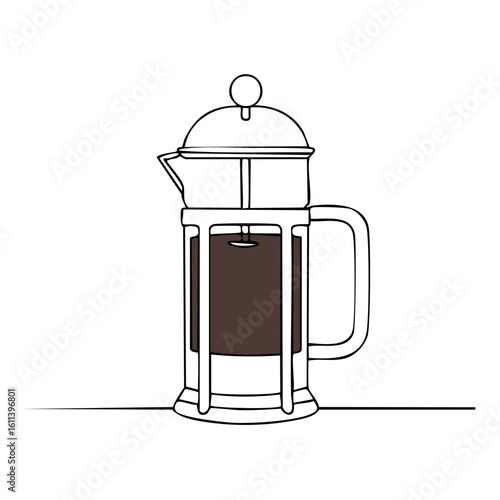 Minimalist line art illustration of a classic French press coffee maker for brewing