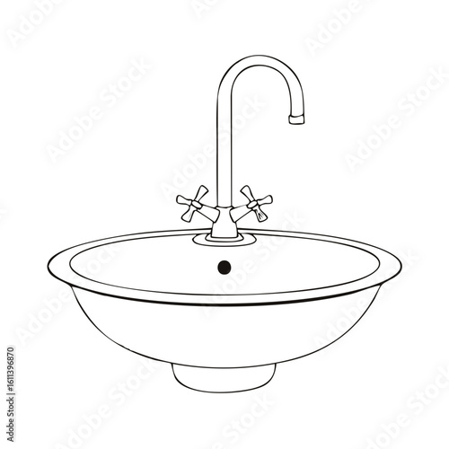 Simple line art illustration of a bathroom or kitchen sink with classic cross handle faucet