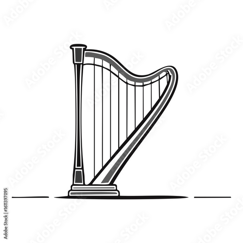 Elegant black and gray harp illustration evoking classical musical artistry and sophistication