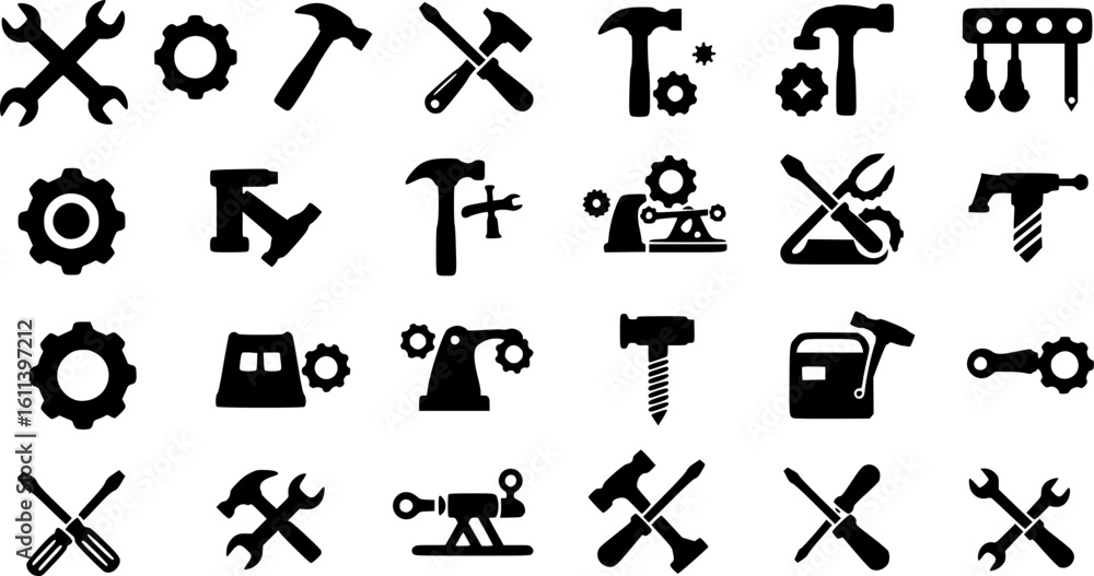 Fototapeta premium Tools and Service icons set. Containing wrench, hummer, screwdriver, maintenance, installation, technical. setting symbol, repair, service sign, Vector illustration
