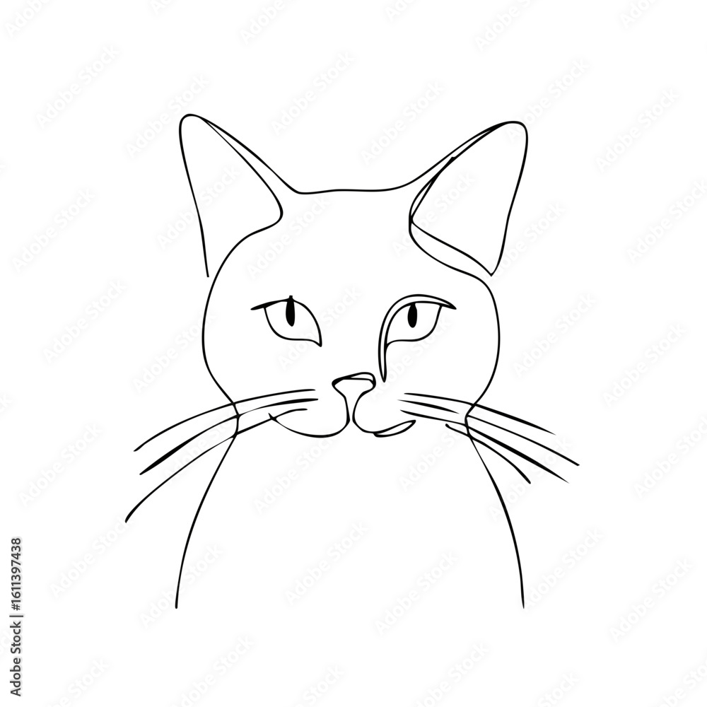 Obraz premium Minimalist continuous line drawing of a cat face with alert ears and whiskers