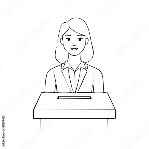 Line art illustration of a woman voting at a ballot box for election day