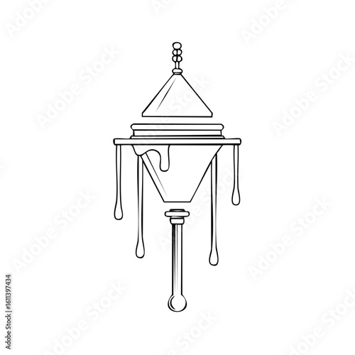 Ornate vintage coffee dripper with dripping liquid sketch illustration