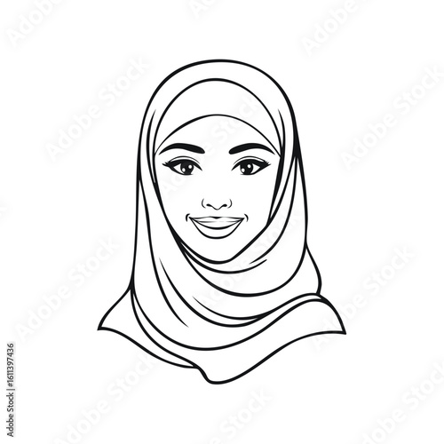 Smiling young woman wearing a traditional hijab headscarf line drawing portrait