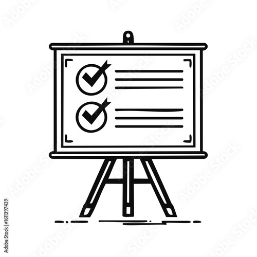 Business whiteboard with check marks and lines, outline vector illustration.