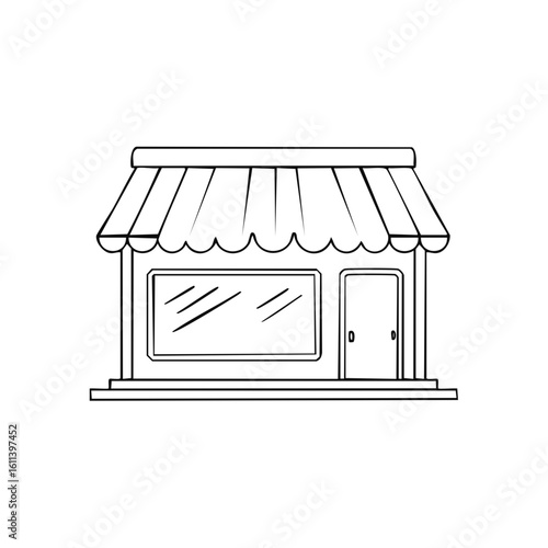 Line art storefront with striped awning, window, and entrance in clean outline