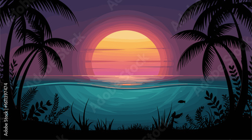 Serene tropical sunset over turquoise ocean, with vibrant sun, palm tree silhouettes, exotic plants, and gentle underwater ripples. Flat vector illustration