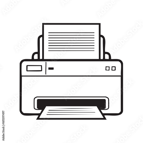 Black and white line art icon of an office printer machine printing documents