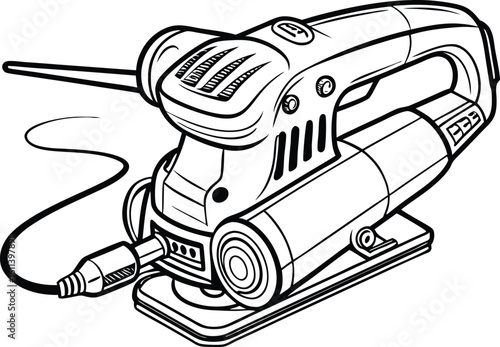 Detailed black and white illustration of a professional electric sander tool