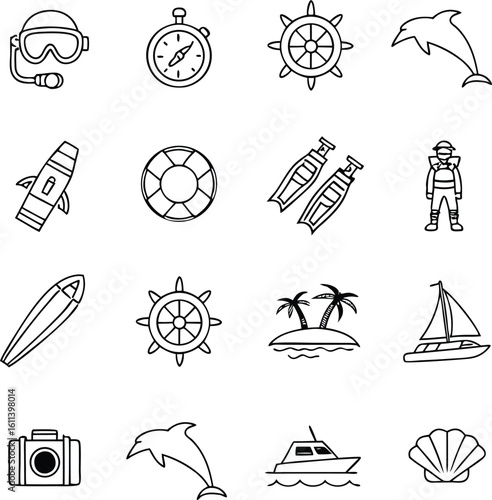 Hand drawn nautical and summer themed icon set featuring various adventure related graphics.