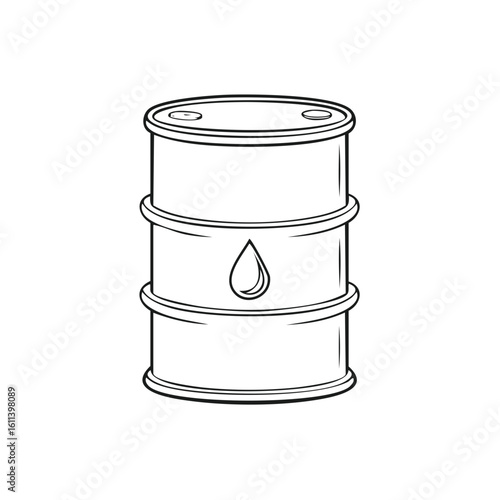 Black and White Oil Barrel with Drop Symbol Line Art Energy and Petroleum Industry Illustration