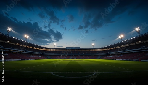 Football stadium glowing at night surrounded by city lights and busy roads