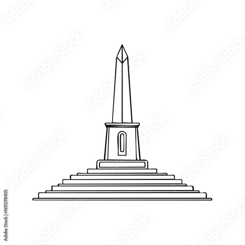 Classic obelisk monument architectural structure with a tiered base presented as a minimalist vector line art drawing.