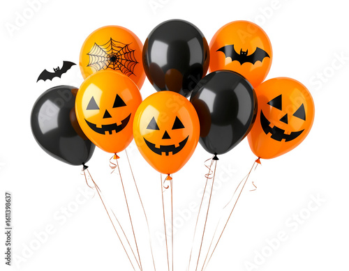 Cluster of orange and black Halloween balloons with spooky patterns, isolated on white background PNG